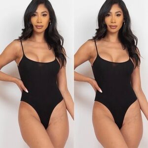 BASIC BLACK RIBBED SKINNY STRAP CAMI THONG BODYSUIT